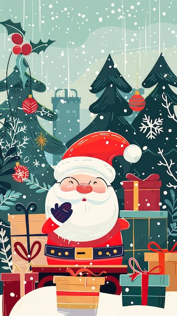 Christmas decorative banner with funny Santa Claus nutcracker locomotive and gift boxes ar 916 style