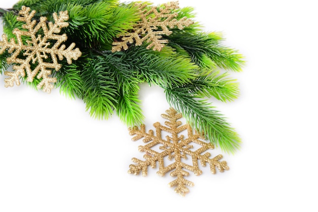 Christmas  decorative snowflakes  on fir tree, isolated on white