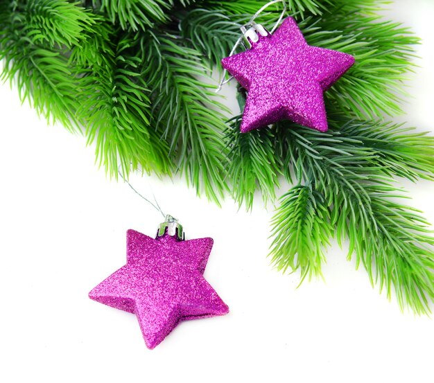 Christmas decorative stars on fir tree, isolated on white