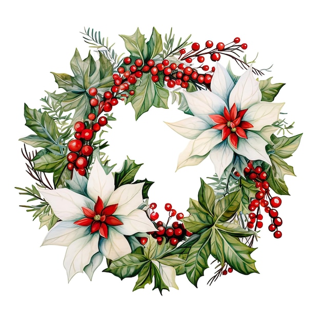 Christmas decorative wreath with red berry and spruce branch watercolor illustration