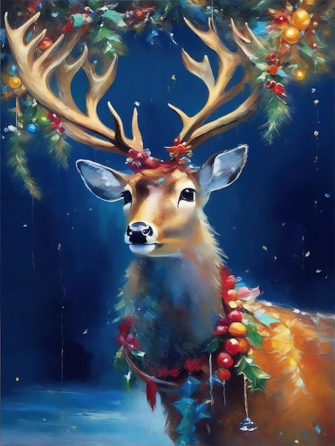 Рождественский олень в зимнем лесу картина маслом в стиле импрессионизм Generative AI