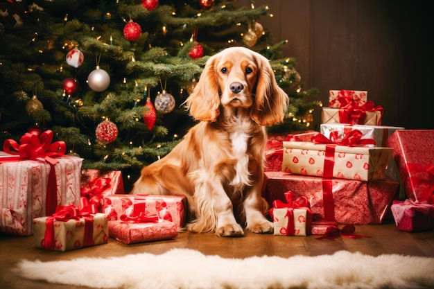 Christmas delight a cocker spaniel radiating warmth enjoys the festivities at home during the holiday season its presence enhances the warmth and joy of celebrating christmas