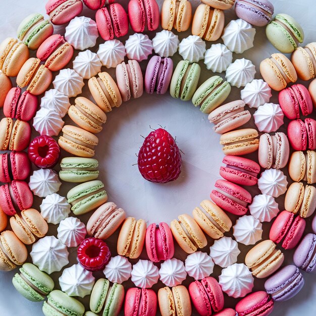 Christmas dessert idea macarons wreath with meringues and raspberry