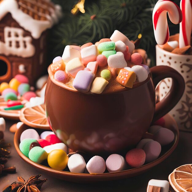 Christmas Desserts Hot Chocolate Full Of Marshmallow Candies And Gingerbread House