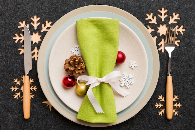 Christmas dinner background with rustic decorations and kitchen utensil View from above