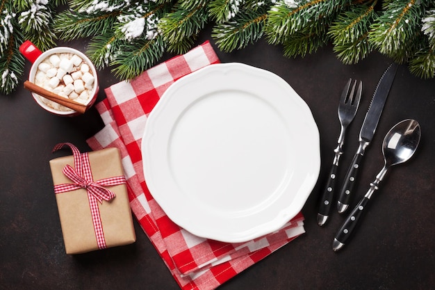 christmas dinner plate silverware fir tree gift