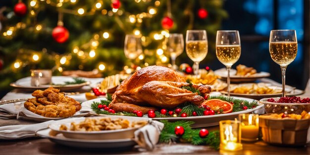 christmas dinner table full of dishes with food and snacks new years decor with a christmas tree