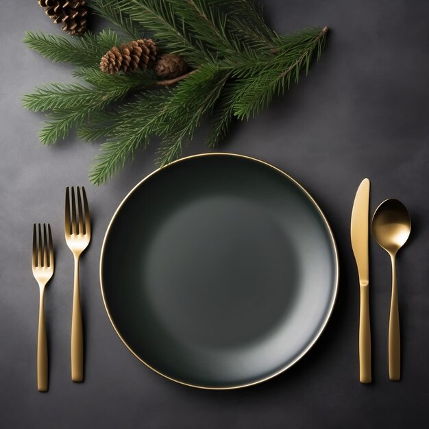 Christmas dinner table setting Plate with golden utensils AI