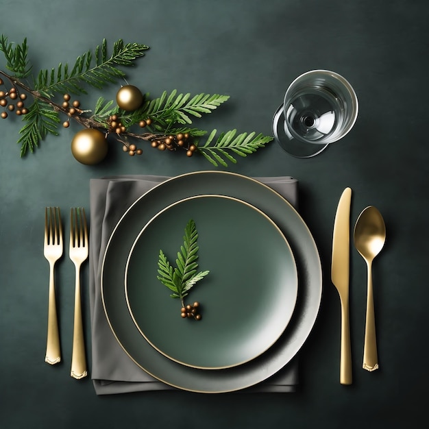 Christmas dinner table setting Plate with golden utensils AI