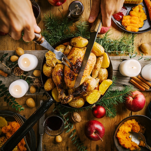 Christmas dinner table with chicken 