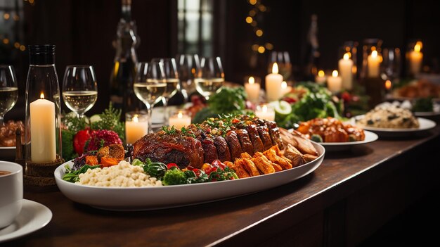 Christmas Dinner on White Table Shot Using a DSLR Camera