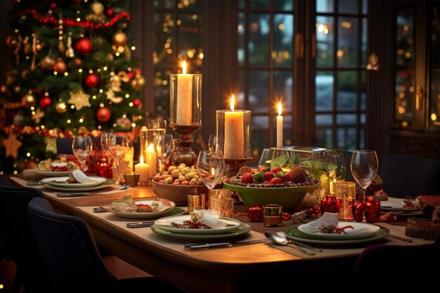 A Christmas dinning tables with decorations and lights