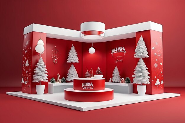 Photo christmas display stand on red background 3d rendering