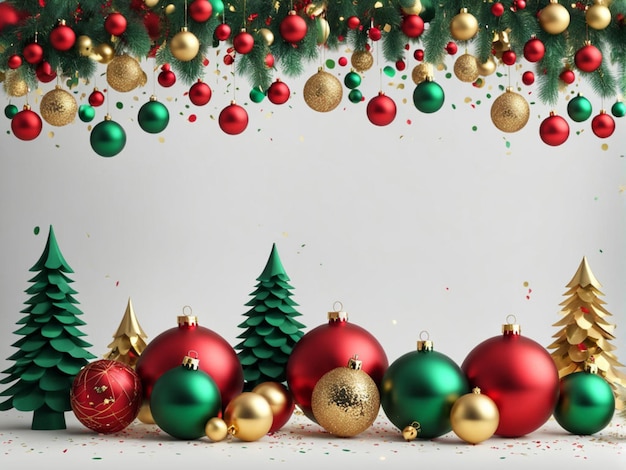 a christmas display with balls and ornaments on a white background