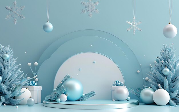 Photo a christmas display with a blue background with a white christmas tree and ornaments