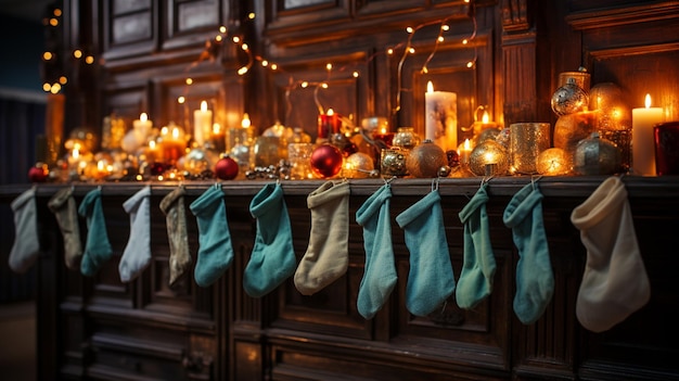 a christmas display with stockings hanging on the mantle.