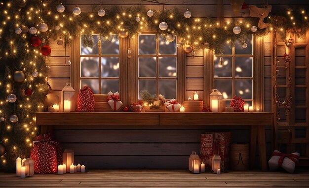 a christmas display with a window and a bunch of candles