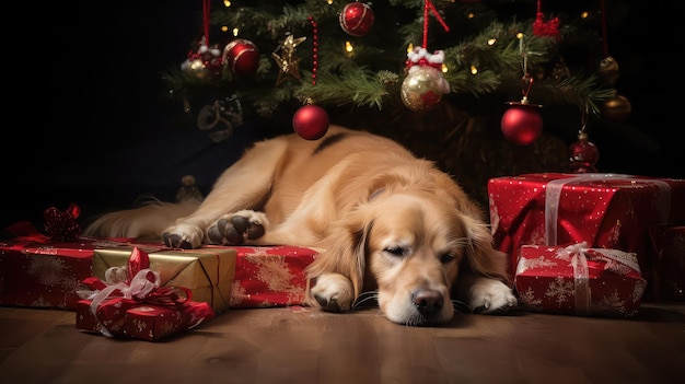 Рождественская собачья игра на земле Рождественское украшение, созданное искусственным интеллектом
