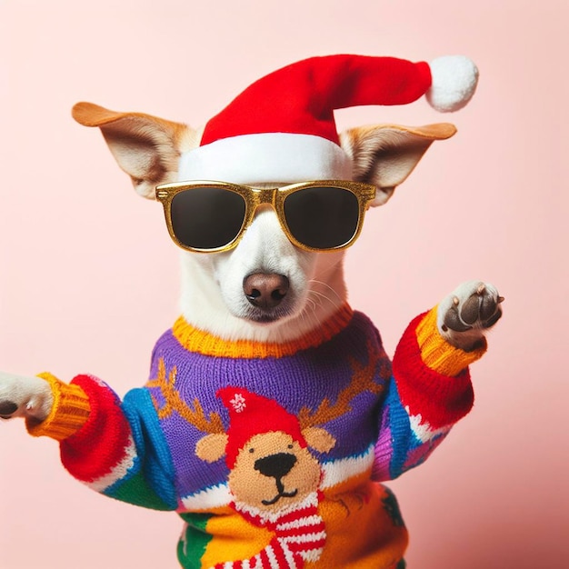 다채로운 옷과 선글라스를 입은 크리스마스 개가 파스텔색 배경에서 춤을 춘다