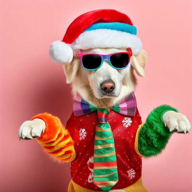 다채로운 옷과 선글라스를 입은 크리스마스 개가 파스텔색 배경에서 춤을 춘다