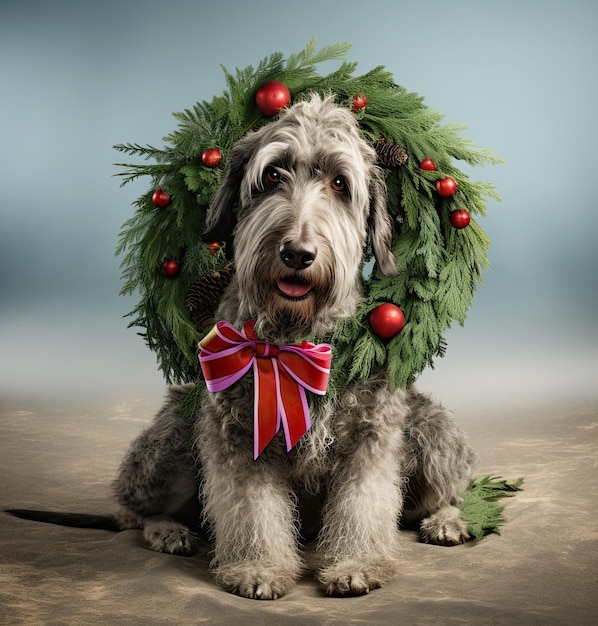Рождественская собака с рождественским венком Генеративный искусственный интеллект