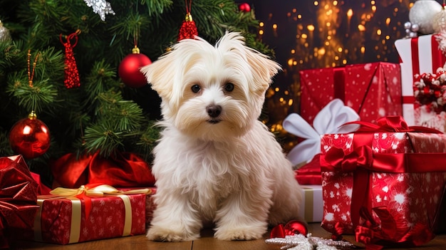 Christmas dog with gifts and a wreath of spruce branches