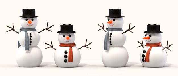 帽子にんじんとスカーフのクリスマス人形白い背景の雪だるま3dレンダリング