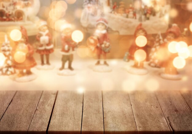 christmas dolls bokeh background, brown wood table texture, elegant decoration poster design