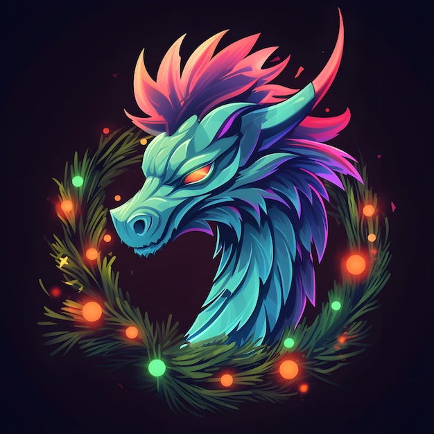 Рождественский дракон в неоновых огнях, светящийся символом 2024 года