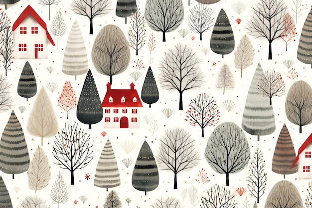 Christmas drawing winter forest pattern in Scandinavian style