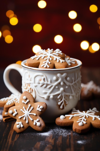 Foto bevanda di natale coppa di caffè cappuccino con disegno di stelle e biscotti di pan di zenzero ai generativa