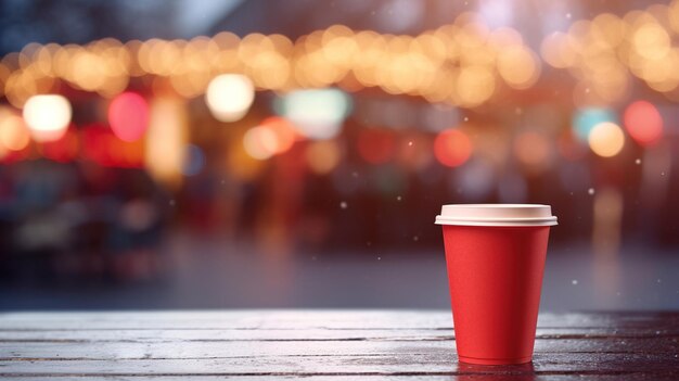 크리스마스 음료 거리의 축제 조명을 배경으로 빈 테이블에 핫초콜릿 한 잔 디자인 ai