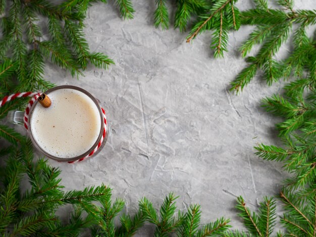 Christmas drink eggnog on the table with copy space