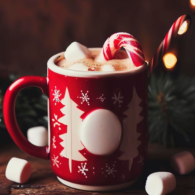 Christmas drink mug hot coffee with marshmallow red candy cane wooden background
