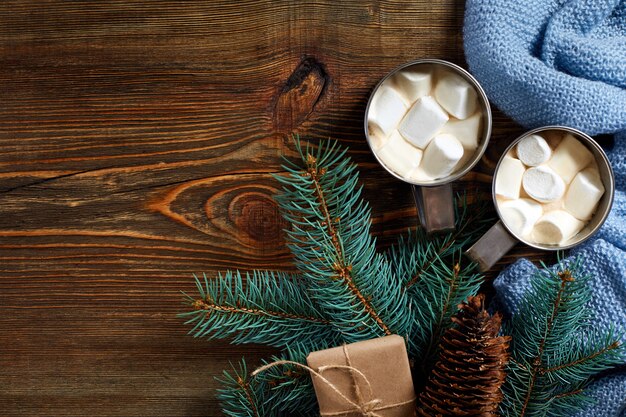 Christmas drink mug hot coffee with marshmallow on the wooden background new year