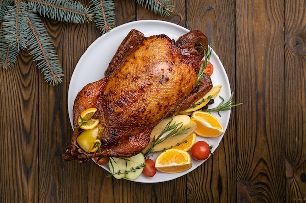 Christmas duck on a wooden table Christmas dinner