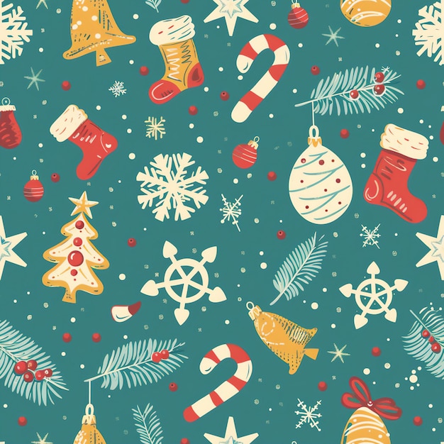 크리스마스 요소 선물 포장 종이 패턴 녹색 배경 생성 ai