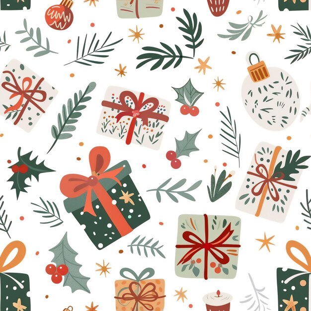 Рождественские элементы подарочные упаковки бумаги рисунок белый фон генерирующий ai