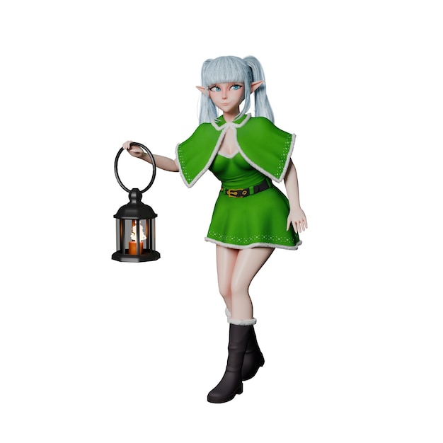 a christmas elf girl walks with her right hand carrying a lantern
