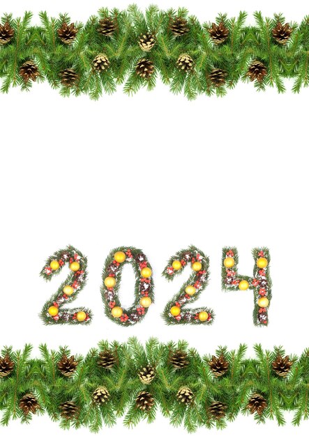 사진 크리스마스 이브 배경과 2024 번호는 하 배경에 고립 된 크리스마스 트리 가지로 만들어졌습니다.