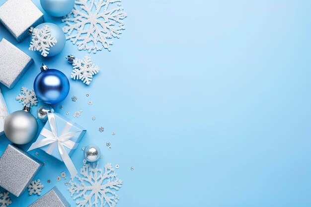 Concetto della vigilia di natale foto con vista dall'alto di palline blu e argento, ornamenti con fiocchi di neve, eleganti scatole regalo e coriandoli