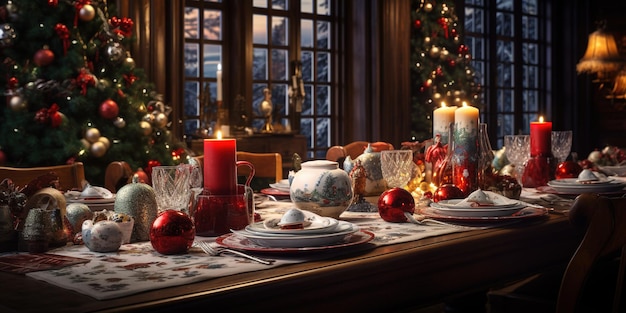 Christmas Eve Dinner with decorated table Mockups Design High quality Mockups