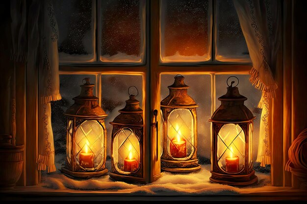 Праздничные рождественские фонарики в канун Рождества на окне с горящими свечами, созданные с помощью генеративного ИИ