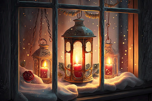 Christmas eve festive christmas lanterns on window with burning candles created with generative ai