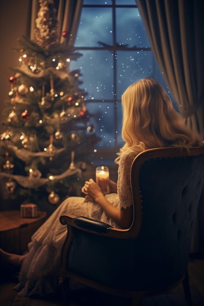 크리스마스 저녁 클래식 아파트에 있는 젊은 아름다운 금발 여성, 흰색 벽난로 생성 AI