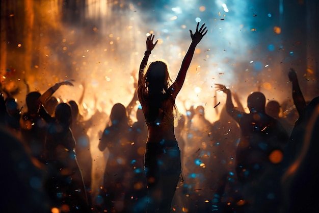 Christmas event party dancing young woman and blurred dancing people in background Selective focus