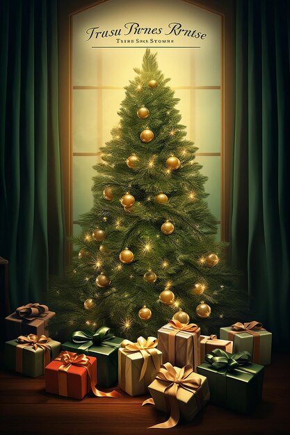 christmas event poster template with a christmas tree and gifts