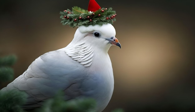 クリスマスの素晴らしいイメージ サンタクロースの帽子をかぶった鳩が冬の魔法でクリスマスツリーを飾ります