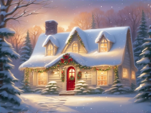 Christmas fairy tale cottage decorated with bright and colorful Christmas decorations