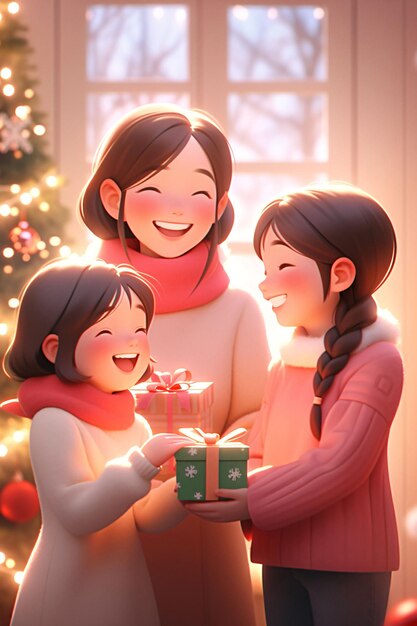 Christmas family giving gifts scene illustration Thanksgiving concept illustration